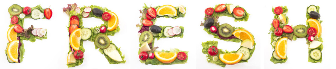 Word fresh made of salad and fruits