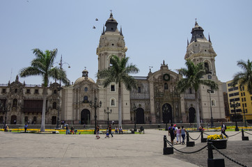 View of the cathedral church and the main square Plaza Mayor (formerly, Plaza de Armas) in the down...