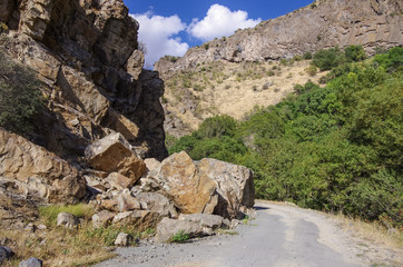 The collapse following a rockfall in the river Arpa gorge near Jermuk. Armenia