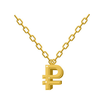 Gold ruble necklace decoration on chain. Expensive jewelry symbo