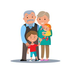 Grandparents family with grandchildren isolated. Cartoon couple grandparents with children. Vector illustration