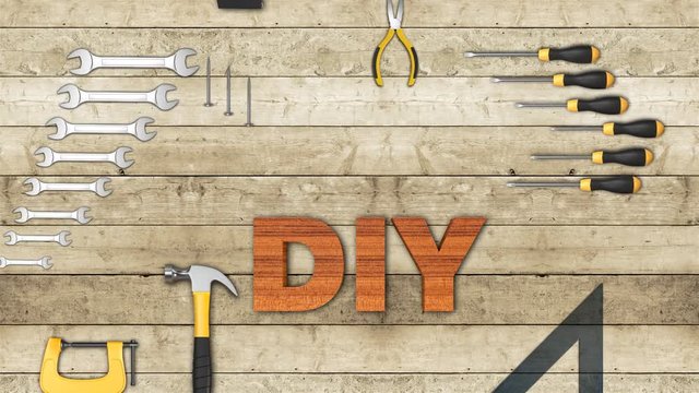 top view of a kit of work tools on wooden background, concept of diy (3d render)