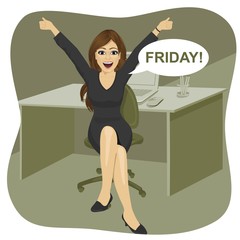 happy successful woman sitting in chair in office and raising hands up with bubble speech with friday text message