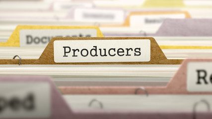 Producers on Business Folder in Multicolor Card Index. Closeup View. Blurred Image. 3D Render.
