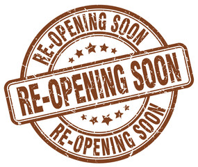 re-opening soon brown grunge round vintage rubber stamp