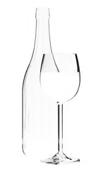 Wine glass and bottle on white background rim lighting