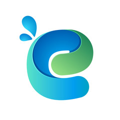 E letter with water waves and drops.