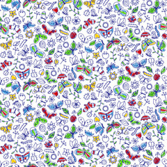 Seamless hand drawn pattern with butterflies and other different