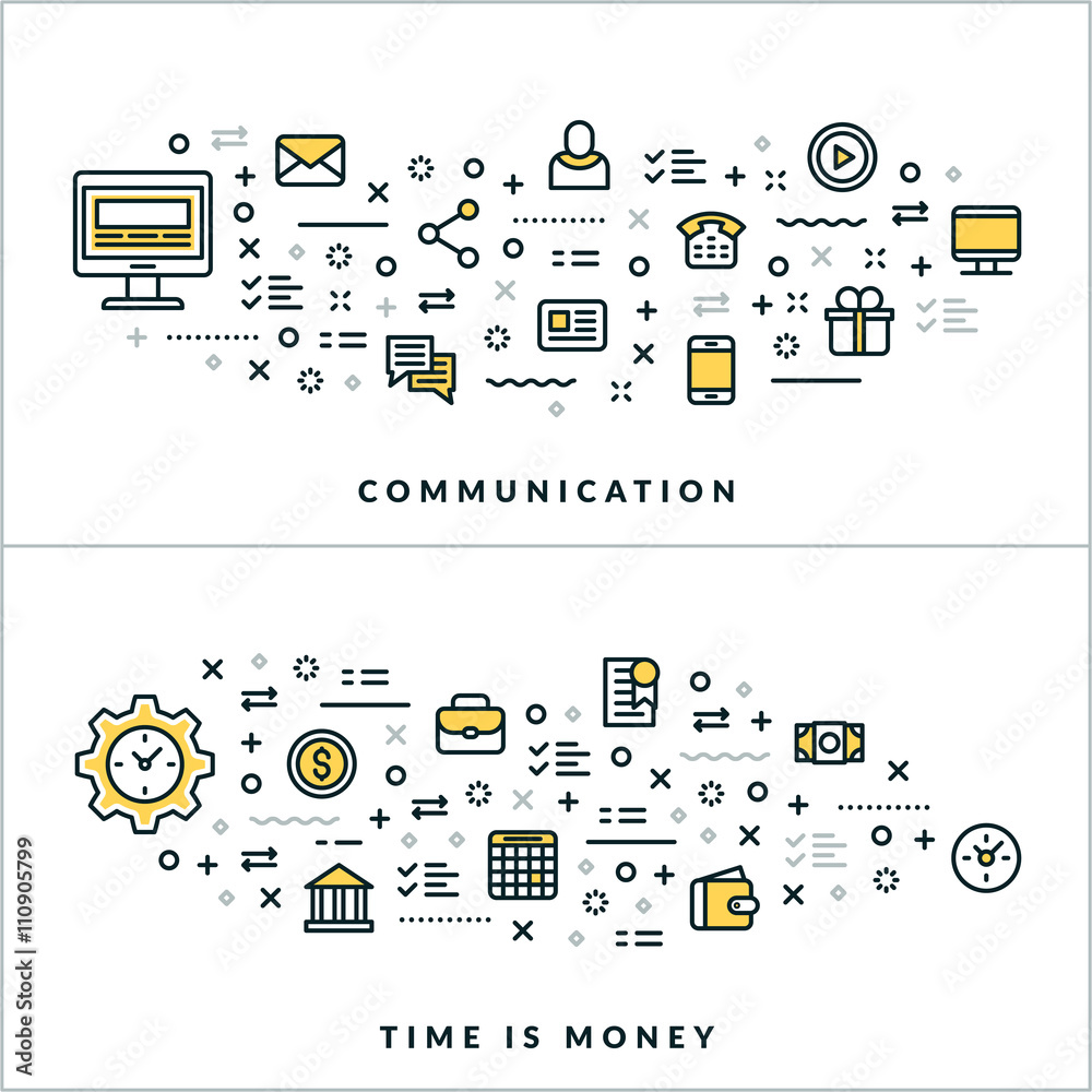 Wall mural communication and time is money. vector flat thin line illustration for website banner or header. fl