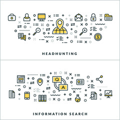 Headhunting and Information Search. Vector Flat Thin Line Illustration for Website Banner or Header. Flat Line Icons and Geometric Design Elements