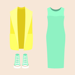 Set of trendy women's clothes with dress, vest and accessories. Vector illustrationaccessories