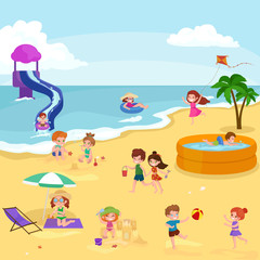 Obraz na płótnie Canvas Children summer vacation. Kids Playing sand around water on beach