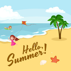 Children summer vacation. Kids Playing sand around water on beach