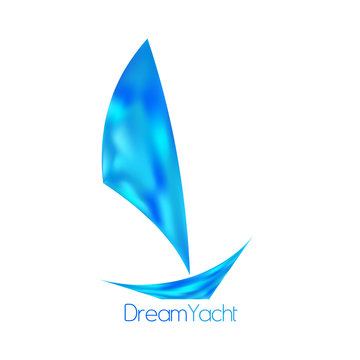 Dream Yacht logo template with blue sailboat. Simple vector graphic logotype