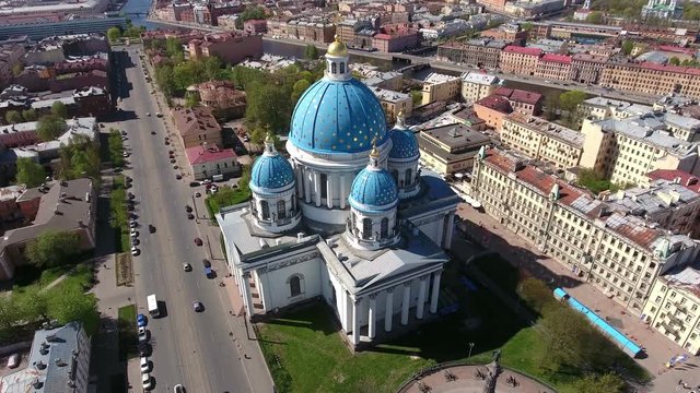 Beautiful Trinity Orthodox Cathedral is on Troitsky avenue in center of city, aerial view. St. Petersburg, Russia

