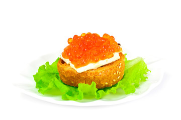 Sandwich with Salmon Caviar, Butter, Salad on Baguette