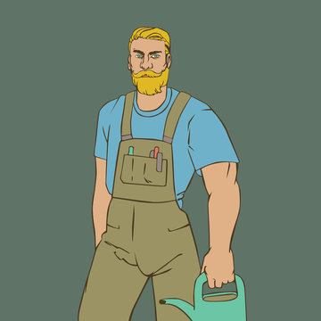 Art of cool man gardener. Hipster  vector illustration