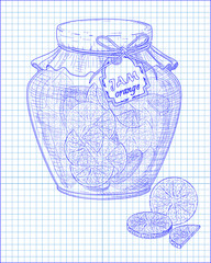 beautiful jar of homemade jam with orange on a notebook backgrou
