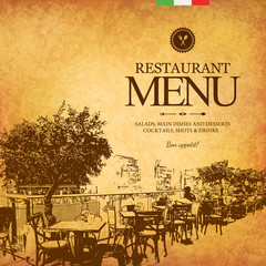 Restaurant menu design. Vector menu brochure template for cafe, coffee house, restaurant, bar. Food and drinks logotype symbol design. With a sketch pictures - 110909540
