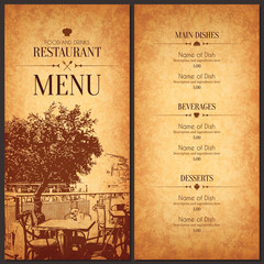 Restaurant menu design. Vector menu brochure template for cafe, coffee house, restaurant, bar. Food and drinks logotype symbol design. With a sketch pictures - 110909731