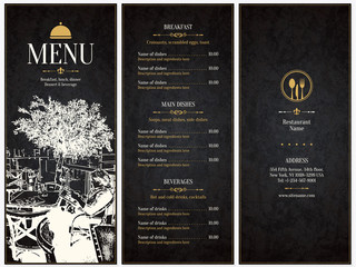 Restaurant menu design. Vector menu brochure template for cafe, coffee house, restaurant, bar. Food and drinks logotype symbol design. With a sketch pictures - 110909748