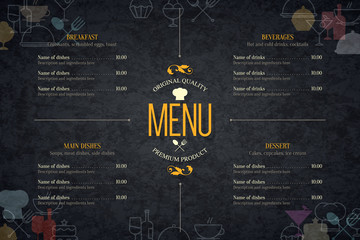 Restaurant menu design. Vector brochure template for cafe, coffee house, restaurant, bar. Food and drinks logotype symbol design. Vintage background - 110909786