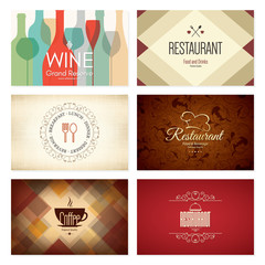 Business card set. 6 bright visiting cards. Food and drink theme. For cafe, coffee house, restaurant, bar