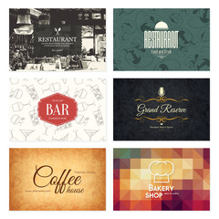 Business card set. 6 bright visiting cards. Food and drink theme. For cafe, coffee house, restaurant, bar - 110909991