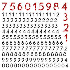 Set of rubber stamp numbers (1, 2, 3, 4, 5, 6, 7, 8, 9, 0), sixteen solutions for each one, isolated on white background, vector illustration.