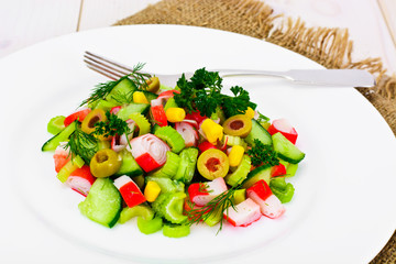 Salad of Celery, Crab Stick, Cucumber, Green Olives and Dill