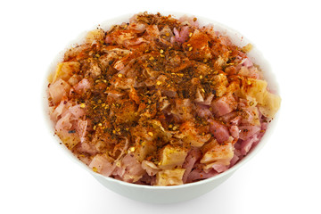 Pickled cabbages salad with powdered pepper in a bowl, Sour cabbages salad and ground paprika