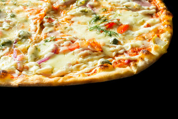Pizza with bacon close up isolated on black background
