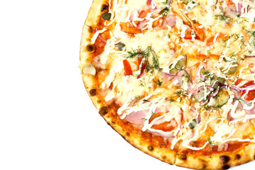 Pizza with bacon close up isolated on white background
