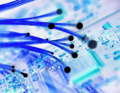 Cross processed image of fibre optics carrying data passing a circuit board