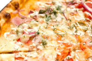 Pizza with bacon close up isolated on white background
