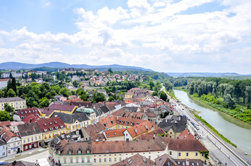 Fototapeta na wymiar View over the old town of Melk from Melk Abbey (Stift Melk). Melk is a town in Lower Austria, next to the Wachau valley along the Danube.