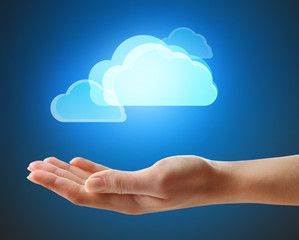 Virtual clouds on hand. Cloud storage concept with copy space