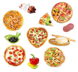Collage of pizza and ingredients isolated of white