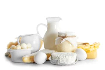 Photo sur Aluminium Produits laitiers Set of fresh dairy products, isolated on white