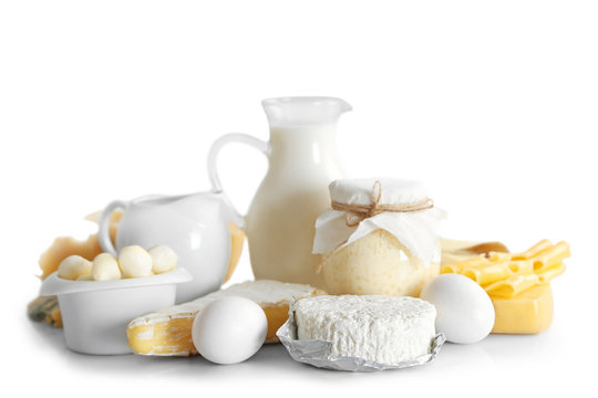 Set of fresh dairy products, isolated on white