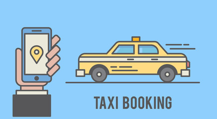 Taxi booking with mobile phone interface. Flat line styled illustration