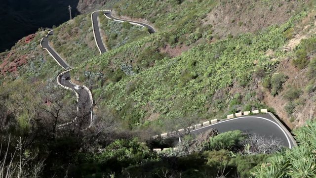 TF-436 is a short mountain zig-zag road located in the Macizo de Teno mountains. The narrow route from Santiago del Teide to the Masca village. Tenerife, Canary Islands, Spain
