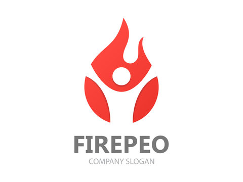 Vector logo combination of a man and fire. Flame logo. Fireman logo. Man in fire logo. Fireman logo template. Red flame character  logotype. 