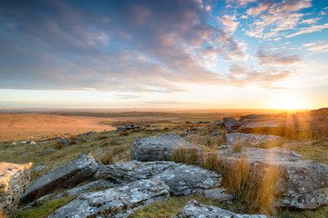 Stunning sunset over Bodmin Moor from Alex Tor near St Breward in Cornwall