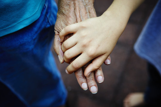Cropped close up of senior woman and grandson hands touching in park