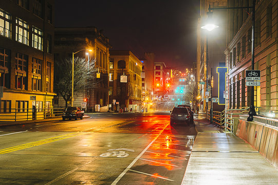 Empty street at night, Tacoma, Washington State, USA