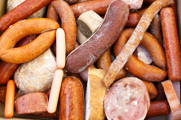 tainted meat products. stale frankfurter and sausages. a lot of sausages with mold. top view - obrazy, fototapety, plakaty