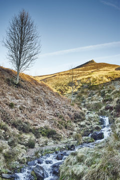Moorland stream on frosty morning, Hope Valley, Peak District, UK