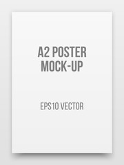 A2 white poster realistic template, mock-up with realistic shadow and light background for design concepts, presentations, web, identity, prints. Vector illustration.