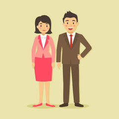 Illustration of businessman and businesswoman team in light brown cream background.
